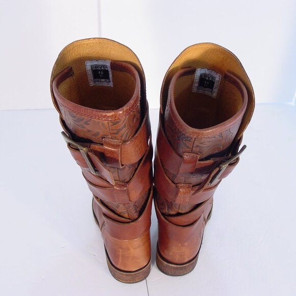 FRYE Veronica RARE Floral Hand-Tooled Embossed Leather Strappy Boots Women's 8 - Picture 8 of 13